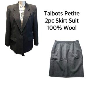 Talbots Petite 2pc Skirt Suit Blazer Jacket Gray Size 8P Wool NWOT Business